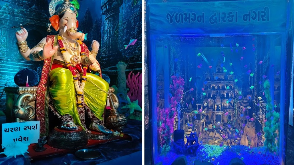 સુરતના ગણેશોત્સવમાં નવી પેઢીને પૌરાણિક વારસાથી જોડવાનો પ્રયાસ : 'જળમગ્ન દ્વારકા નગરી'ની થીમ પર ગણેશ પંડાલમાં બાપ્પા બિરાજમાન