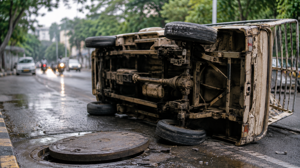 Tempo Overturns After Tyre Hits Sewer Cover Edge in Vastrapur, 47-Year-Old Man Dies