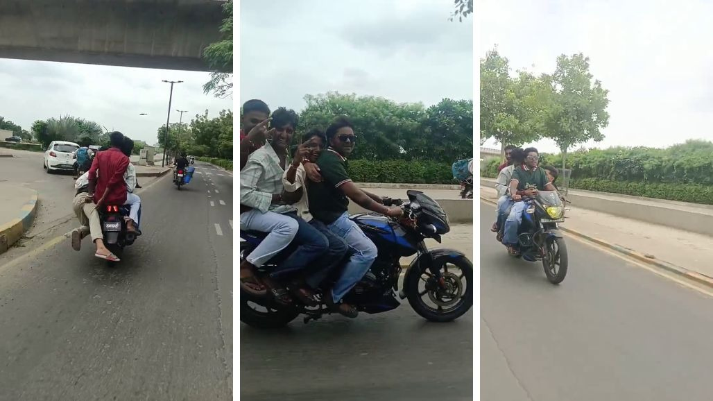 રિવરફ્રન્ટ પર 'રામાધણી' લખેલી એક બાઇક પર 5 લોકોના સ્ટંટ દ્વારા સીનસપાટા, પોલીસ એક્શનમાં