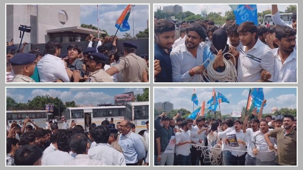નિરમા યુનિવર્સિટીમાં વિદ્યાર્થીનો કોલર પકડનાર પ્રોફેસરને સસ્પેન્ડ કરવાની માગ સાથે દેખાવો, જંતર-મંતર જેવા આંદોલનની NSUIની ચીમકી
