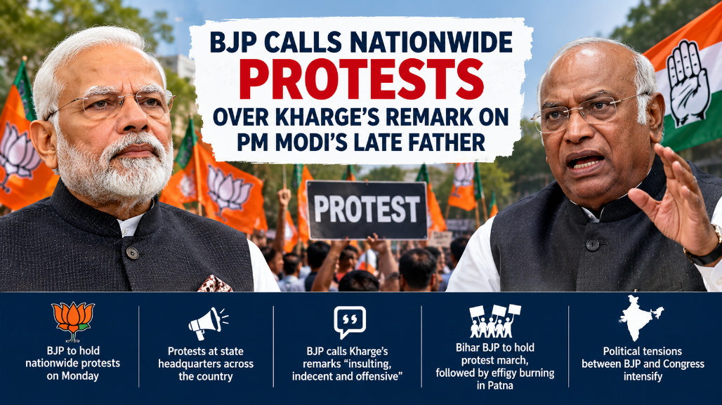BJP Calls Nationwide Protests On Oct 26 Over Kharge’s Remark on PM Modi’s Late Father