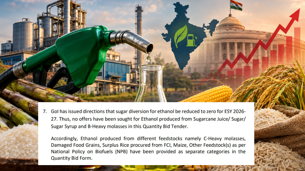 Exclusive: Govt Freezes Sugar Ethanol: 250+ Crore Litre Deficit Threatens India’s Green Fuel Targets, May Spur Maize, Rice Prices