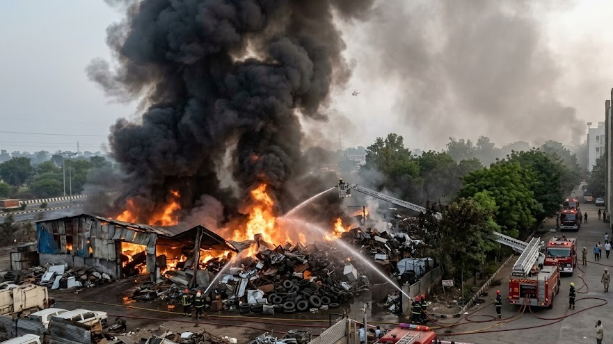 Massive Fire at Scrap Godown in Ankleshwar's Noble Market; Regal Apartment Evacuated, No Casualties Reported