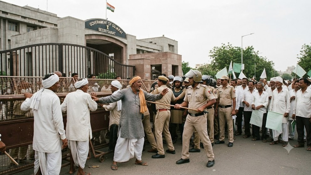 Farmer Leaders Stopped at Secretariat Gate Over Drought Demand in Gandhinagar